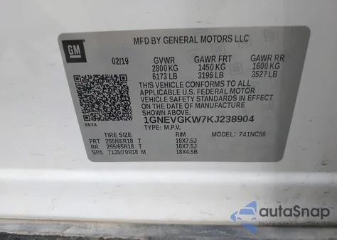 2019 Chevrolet Traverse 1Lt из США, поврежденный, VIN 1GNEVGKW7KJ238904